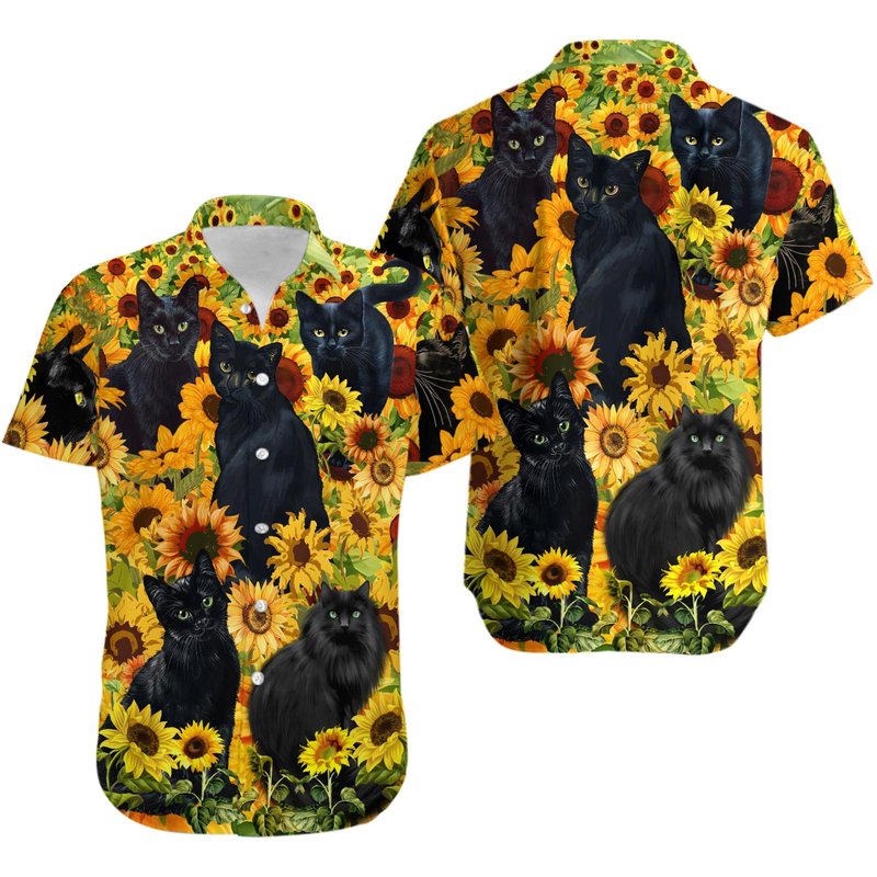 Black Cat Love Sunflower Hawaiian Shirt — Chemises décontractées pour hommes