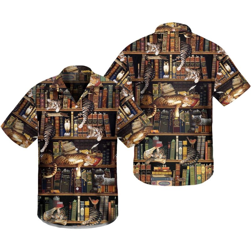 Book And Cat Sleep Hawaiian Shirt — Chemises décontractées pour hommes