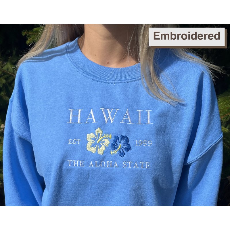 Hawaii The Aloha State Embroidered Sweatshirt Crewneck, Trendy Aesthetic Embroidery Sweater — Sweats à capuche pour hommes