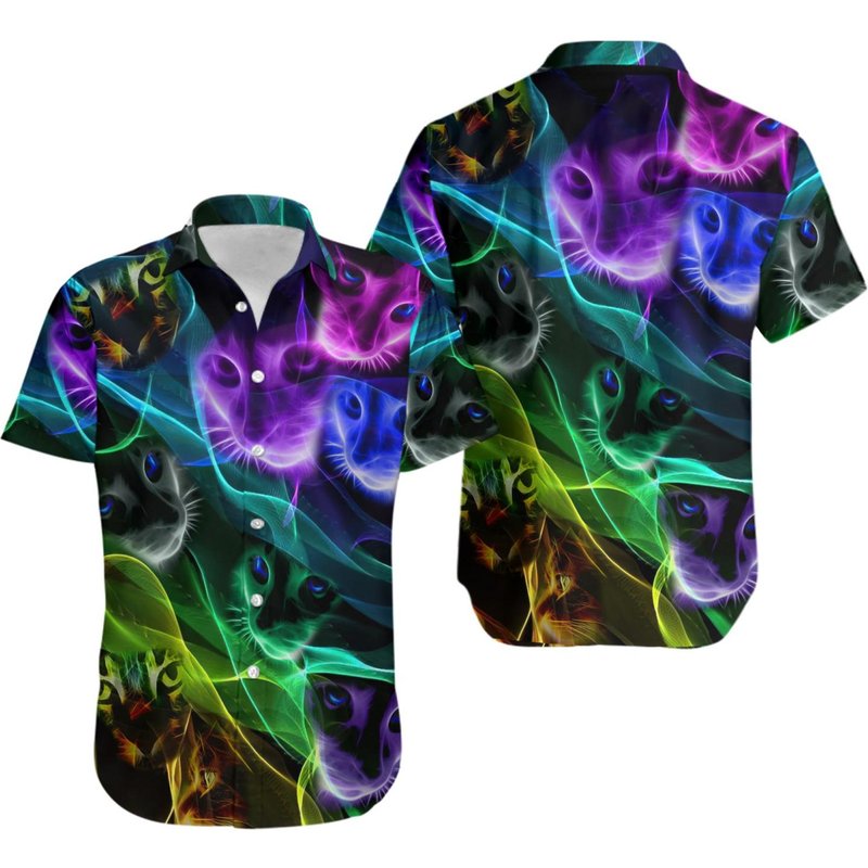 Cat Awesome Flash Neon Style Hawaiian Shirt — Chemises décontractées pour hommes