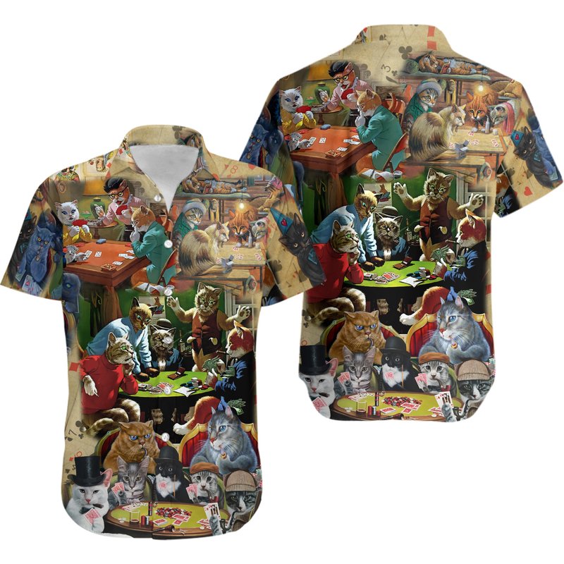 Cat Play Card Games Hawaiian Shirt — Chemises décontractées pour hommes