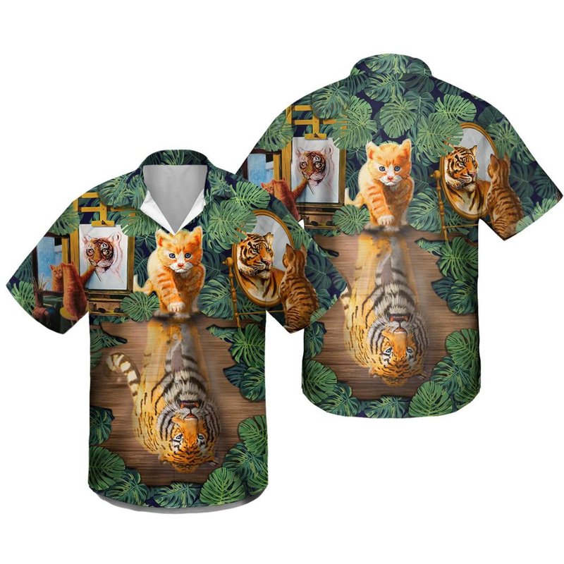 Cat And Tiger Leaf Hawaiian Shirt — Chemises décontractées pour hommes