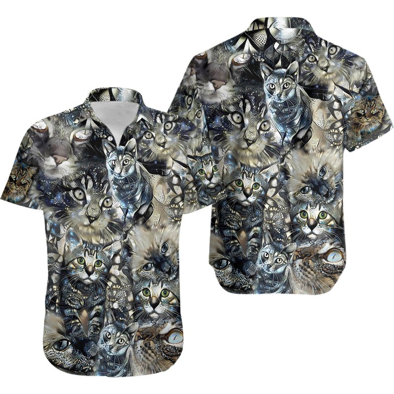 Cat Vintage Flower Hawaiian Shirt — Chemises décontractées pour hommes