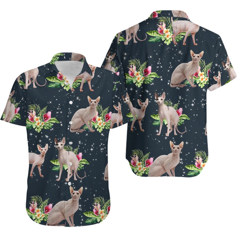 Cat Tropical Floral Sphynx Cat Hawaiian Shirt — Chemises décontractées pour hommes