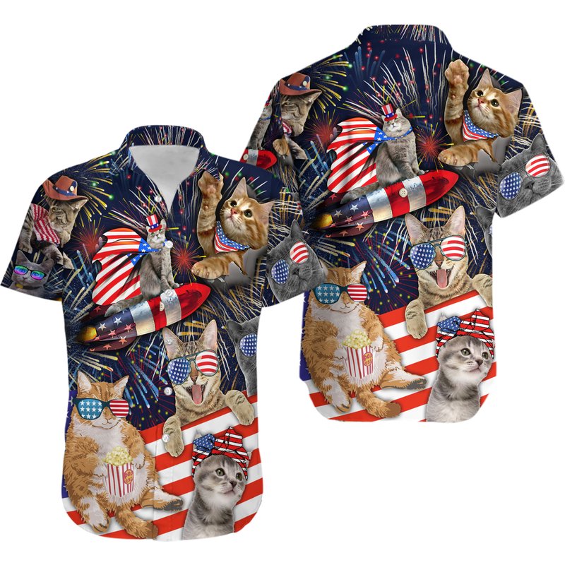 Cat Independence Day Firework Hawaiian Shirt — Chemises décontractées pour hommes
