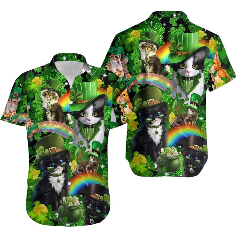 St Patrick's Day Irish Cats Shamrocks Hawaiian Shirt — Chemises décontractées pour hommes