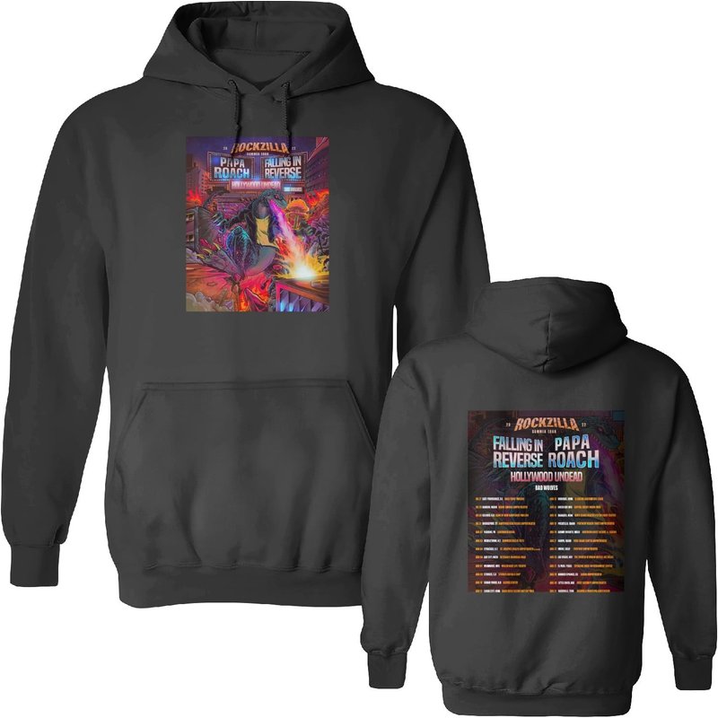Rockzilla The Second Leg Tour 2023 Tee, Papa Roach Falling In Reverse Hoodie — Sweats à capuche pour hommes