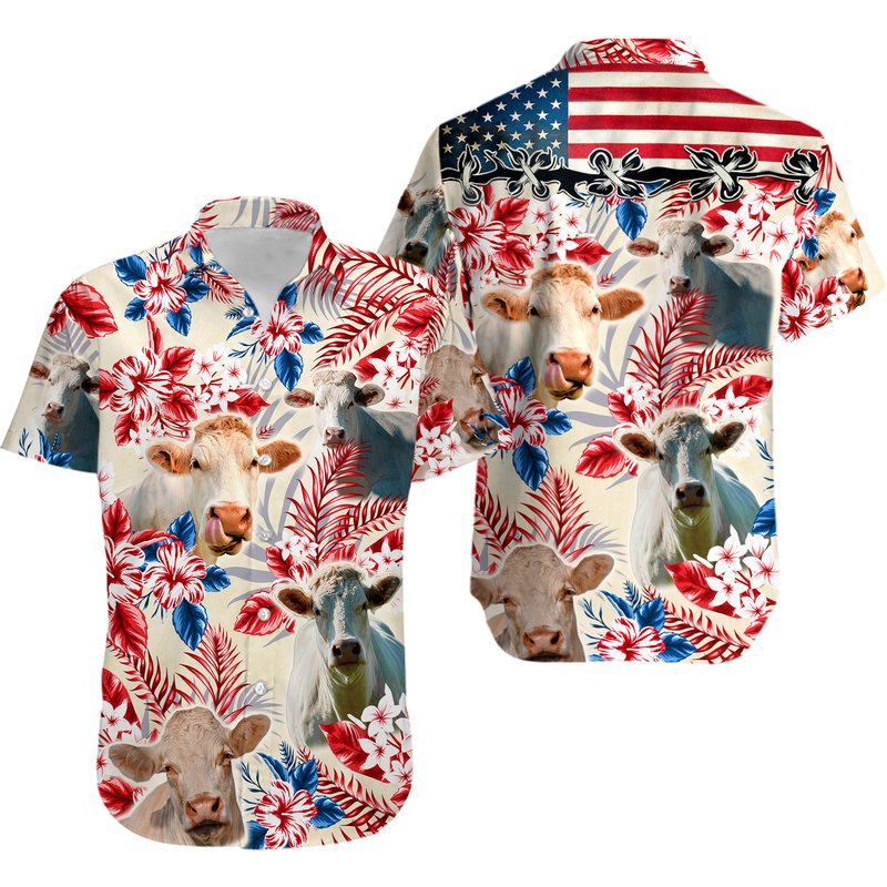 Charolais Cattle Lovers American Flag Hawaiian Shirt — Chemises décontractées pour hommes