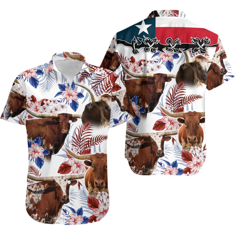 Longhorn Cattle Lovers Texas Flag Hawaiian Shirt — Chemises décontractées pour hommes