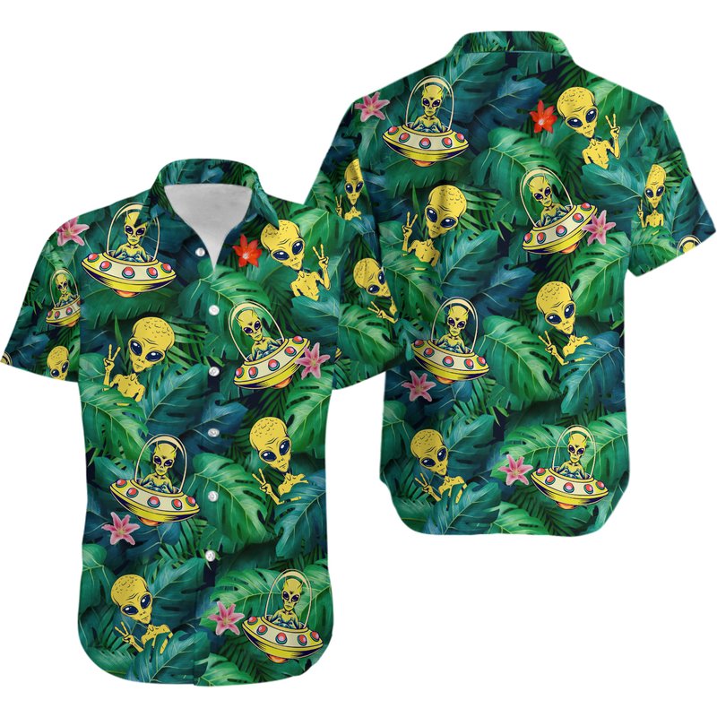 Alien Ufo Hawaiian Shirt, Alien Pattern Aloha Shirt — Chemises décontractées pour hommes