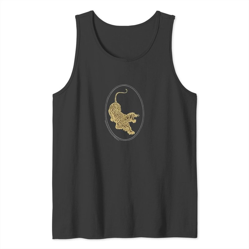 Jerry Garcia Tank Tops- Tiger Guitar Emblem, Gold Metallic Ink On A Black Tank Tops