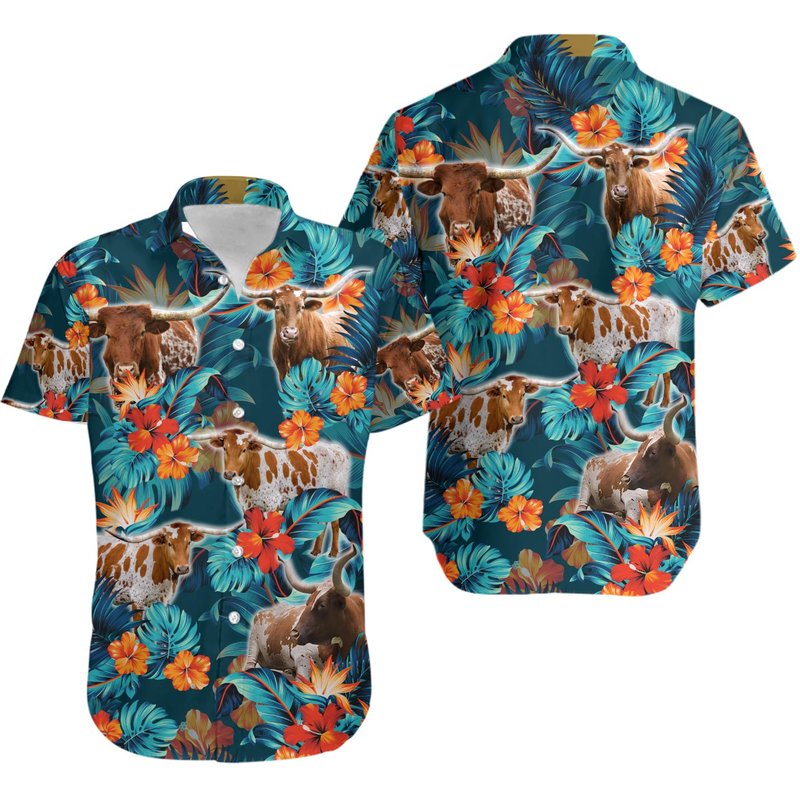 Hawaiian Shirt For Cow Lovers Texas Longhorn, Cattle Tropical Hawaiian Shirt — Chemises décontractées pour hommes
