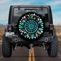Sunflower Spare Tire Cover, Blue Cowhide Gemstones Spare Tire Cover