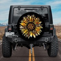 Sunflower Spare Tire Cover, Western Leopard Sunflower Spare Tire Cover With Or Without Camera Hole