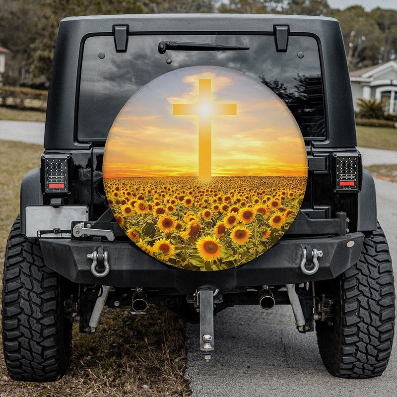 Cross Sky Spare Tire Cover, Sunflower Field Wheel Cover — Accessoires pour camions