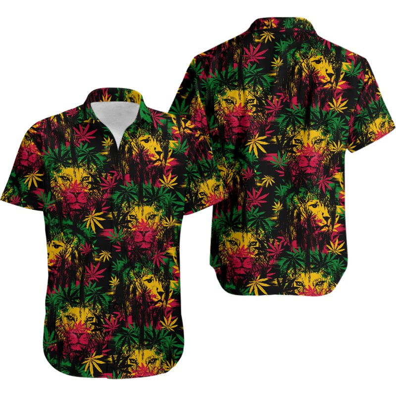 Lion Hawaiian Shirt - Rasta Lion Weeds With Leaves Hawaiian Shirt — Chemises décontractées pour hommes