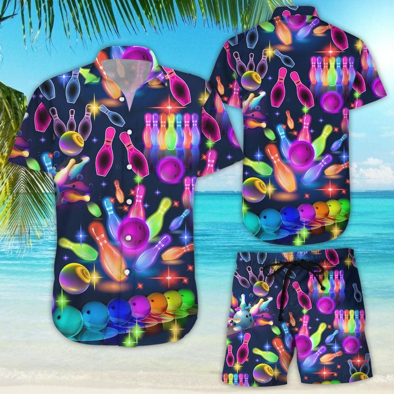 Bowling Hawaiian Shirt - Awesome Colorful Bowling Neon Light Hawaiian Shirts — Chemises décontractées pour hommes