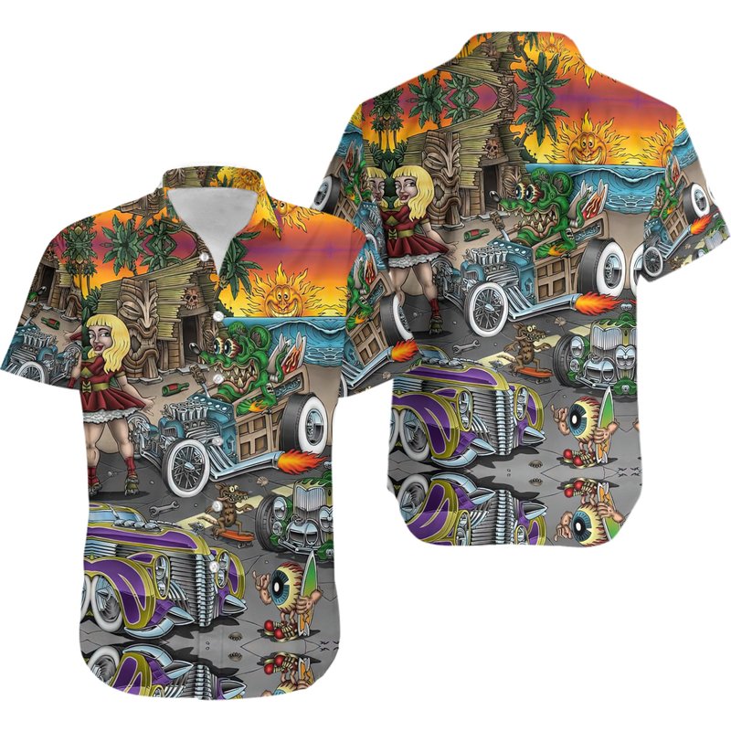 Rat Fink And The Hot Rod Hawaiian Shirt — Chemises décontractées pour hommes