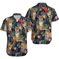 Tiger Hawaiian Shirt - Tiger And Parrot Tropical Button Down Shirts