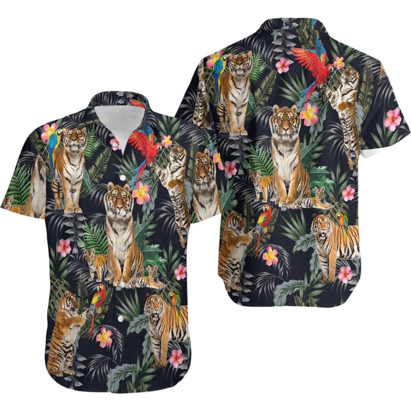 Tiger Hawaiian Shirt - Tiger And Parrot Tropical Button Down Shirts — Chemises décontractées pour hommes