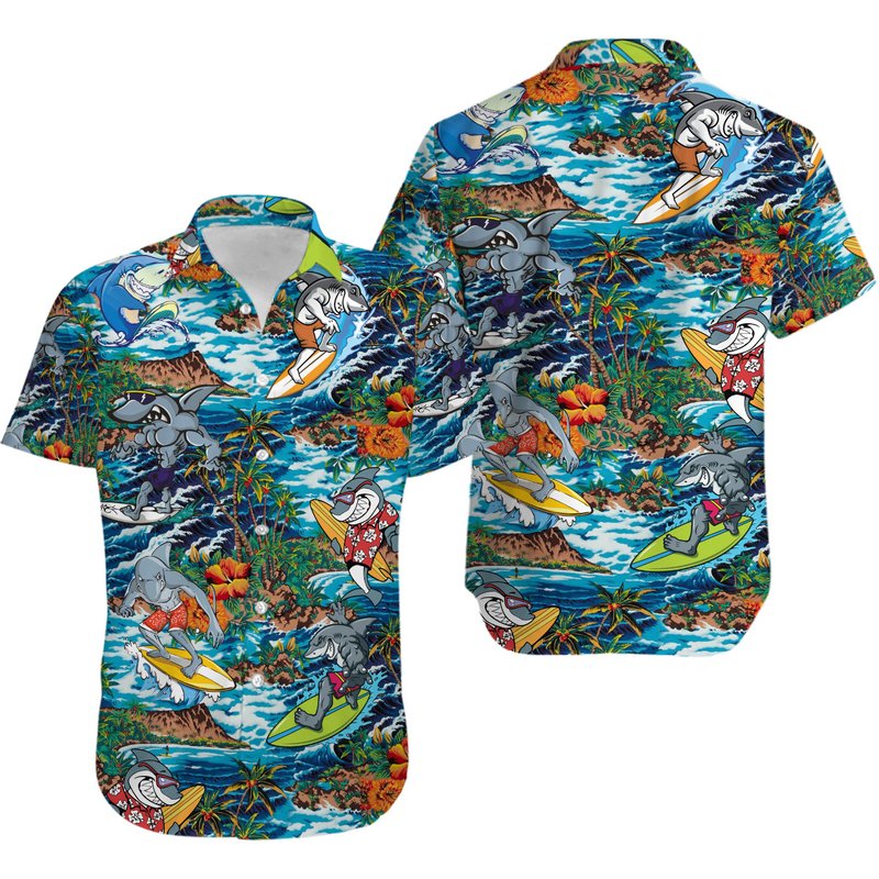 Surfing Shark Tropical Island Beach Aloha Hawaiian Shirt — Chemises décontractées pour hommes
