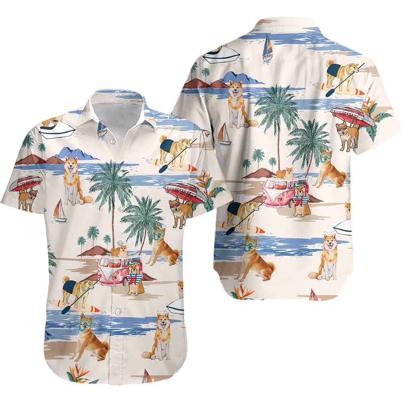 Shiba Inu Summer Beach Hawaiian Shirt — Chemises décontractées pour hommes