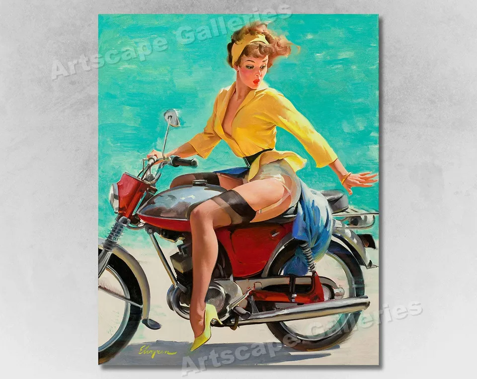 1970s "skirting The Issue" Vintage Style Elvgren Pin-up Motorcycle Poster — Affiches et impressions