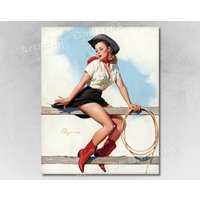 Hi-ho Sliver Vintage Style Elvgren Pinup Girl Poster Cowboy Rodeo Roping