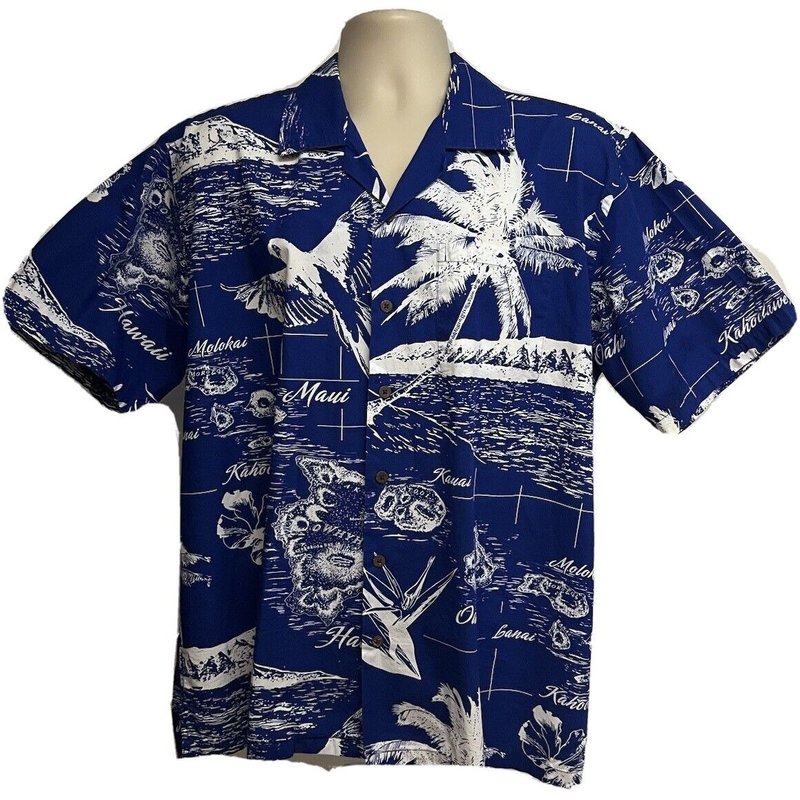 Favant Hawaii Mens Blue White Floral Hawaiian Button Up Shirt — Chemises décontractées pour hommes
