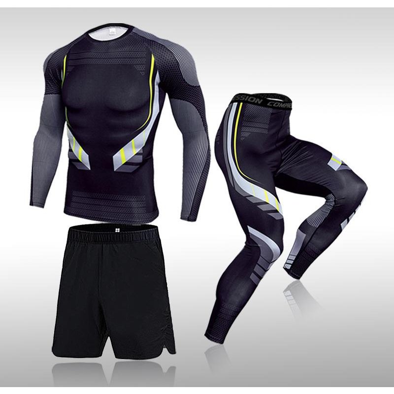 Men's Sportswear Suits Gym Tights Sets, 3 Pcs Set Men's Workout Sports Suit Gym Fitness Compression Clothes Running Jogging Sport