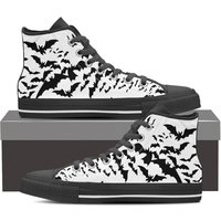 Mens Goth Shoes Bat Pattern Sneakers Batty Creepy Dark Aesthetic Footwear Alt Edgy Black White Vampire Gothic High Tops