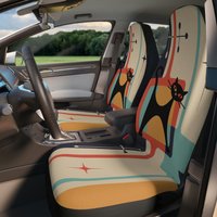 Mid Century Modern Atomic Cat Car Seat Cover Set, Geometric Teal Blue — Car Seat Protectors