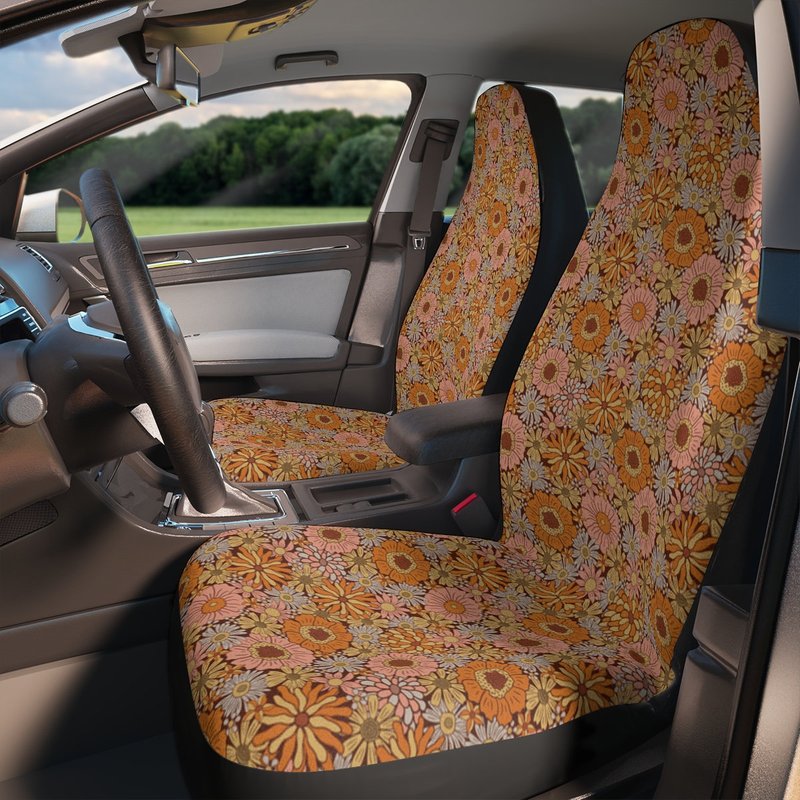 Boho Hippie Groovy Floral Car Seat Covers, Vintage Style Flowers Seat Protector — Housses de siège de voiture