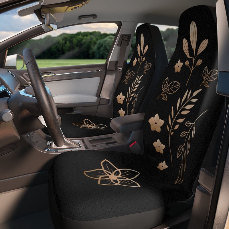 Elegant Rose Gold Leaves Car Seat Covers, Black Floral Seat Covers — Housses de siège de voiture