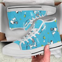 Snoopy Playing Tennis Cartoon Blue High Top Sneakers