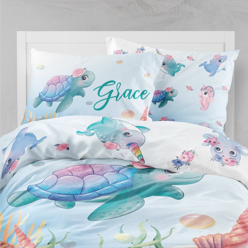 Personalized Sea Girls Bedding, Turtle Girl Bedding Sets — Housses de couette
