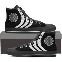 Sacred Geometry Flower Of Life Shoes, Canvas Sneakers, Mens Festival Outfit Geometric Black And White Techno Rave Clothing Psytrance Edm