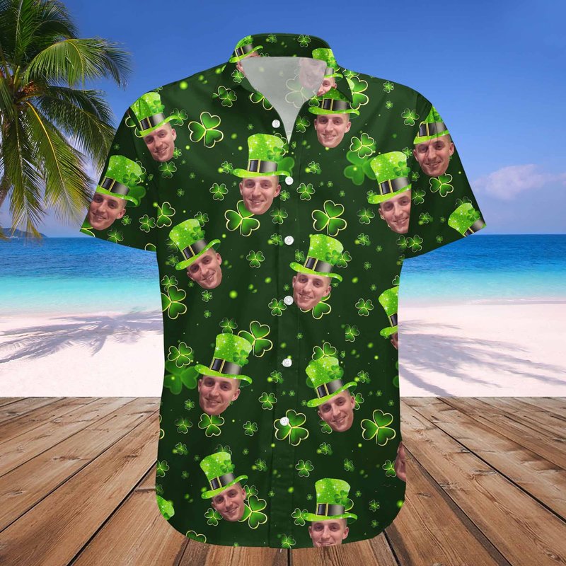 St.patrick's Day Hawaii Shirt, Custom Face Shamrock St Patty's Hawaiian Shirt — Chemises décontractées pour hommes
