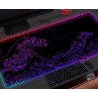 Gaming Mousepad Japanese, Led Mouse Pad Wave, Large Desk Mat Purple