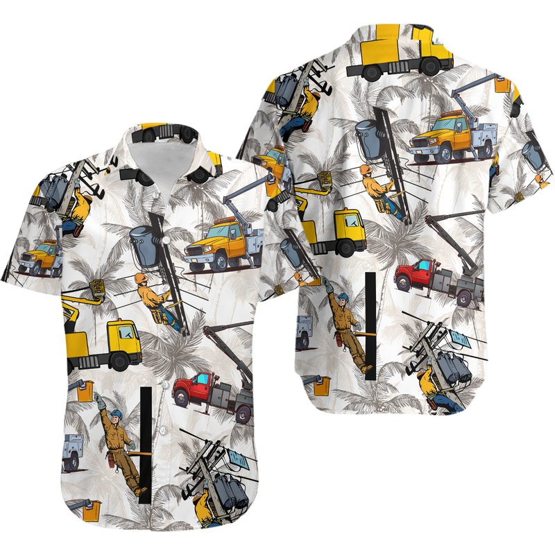 Lineman Aloha Shirt With Bucket Truck Hawaiian Shirts — Chemises décontractées pour hommes
