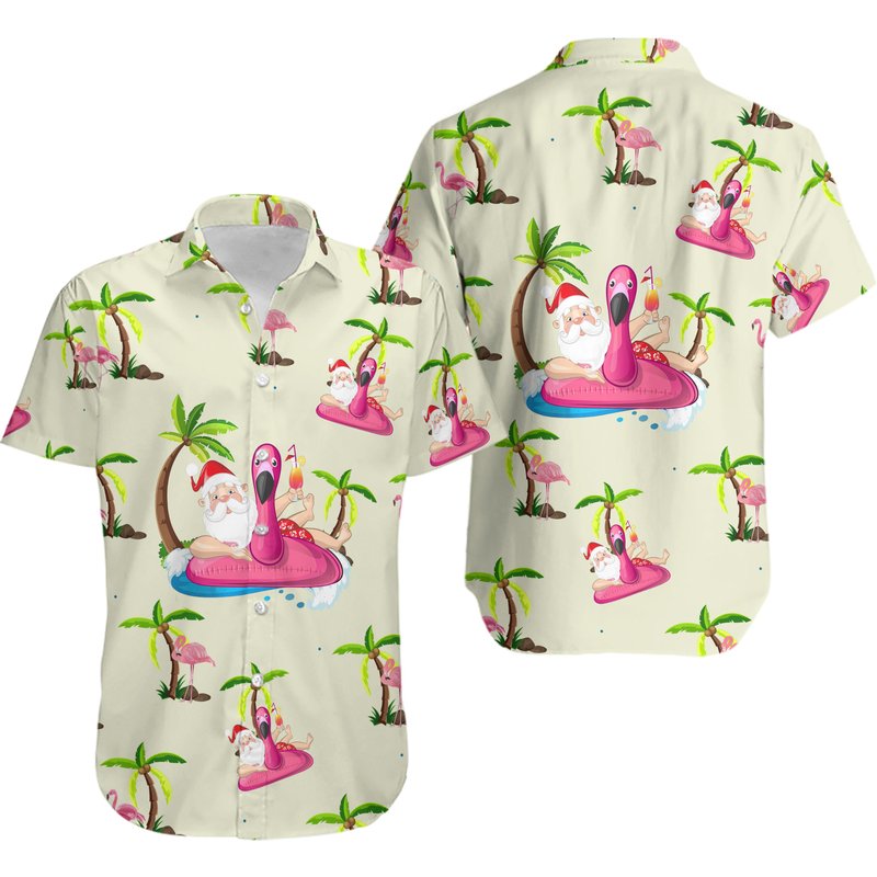 Santa Claus With Flamingo Christmas In July Hawaiian Shirt — Chemises décontractées pour hommes