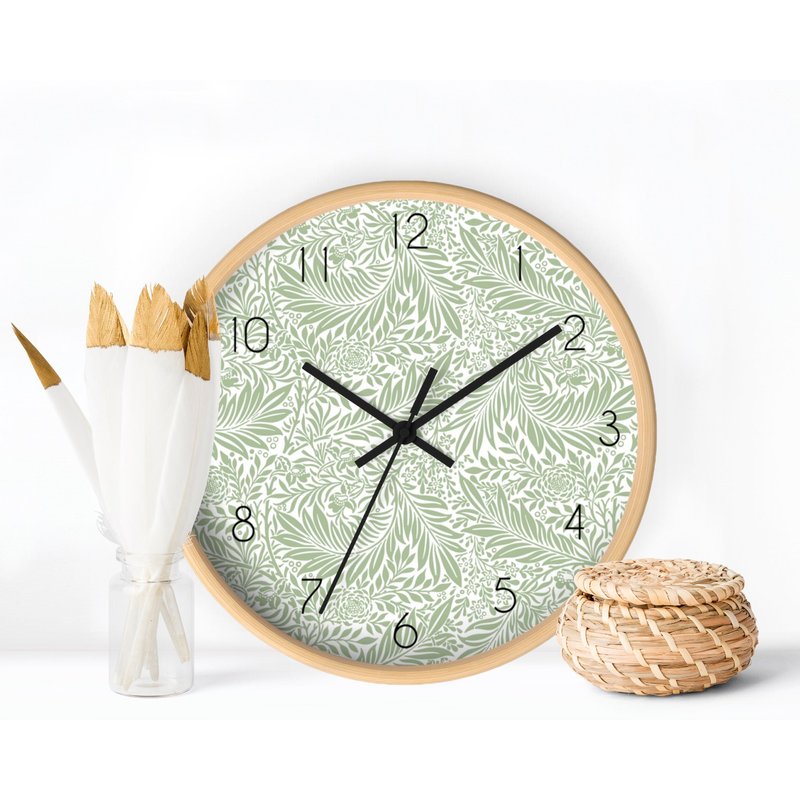Botanical Clock, Sage Green Wall Clock, Minimalist Clock Wall — Décoration murale