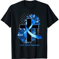 Sunflower Blue Ribbon Christian Cross Colon Cancer Awareness T-shirt — Mens T Shirts