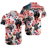 Black Angus Cow American Flag Hawaiian Shirt