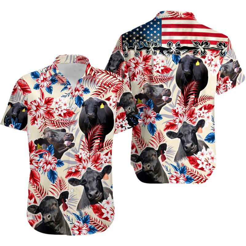 Black Angus Cow American Flag Hawaiian Shirt — Chemises décontractées pour hommes