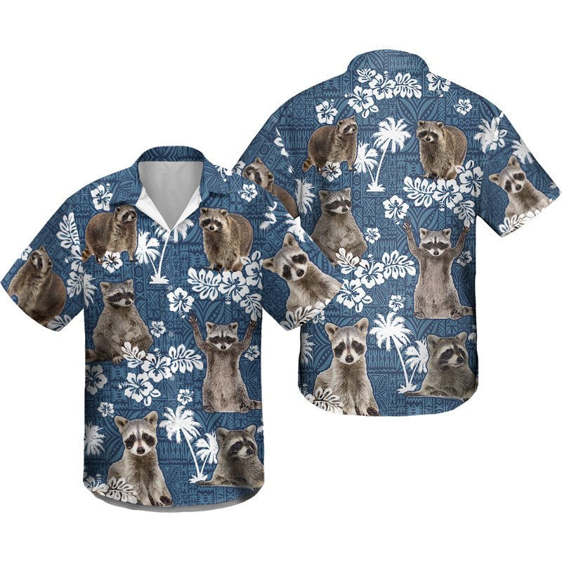 Raccoon Blue Tribal Pattern Hawaiian Shirt — Chemises décontractées pour hommes