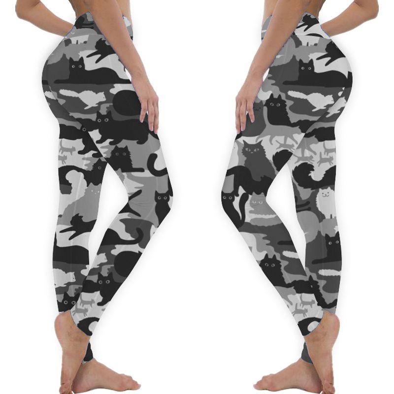 Camouflage Pattern With Cats | Grey And Black Cats Camo Leggings — Legging femme