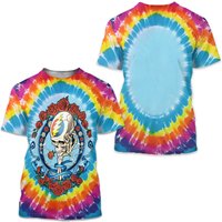 New Liquid Blue Skull And Roses Graphic Tie Dye T-shirt