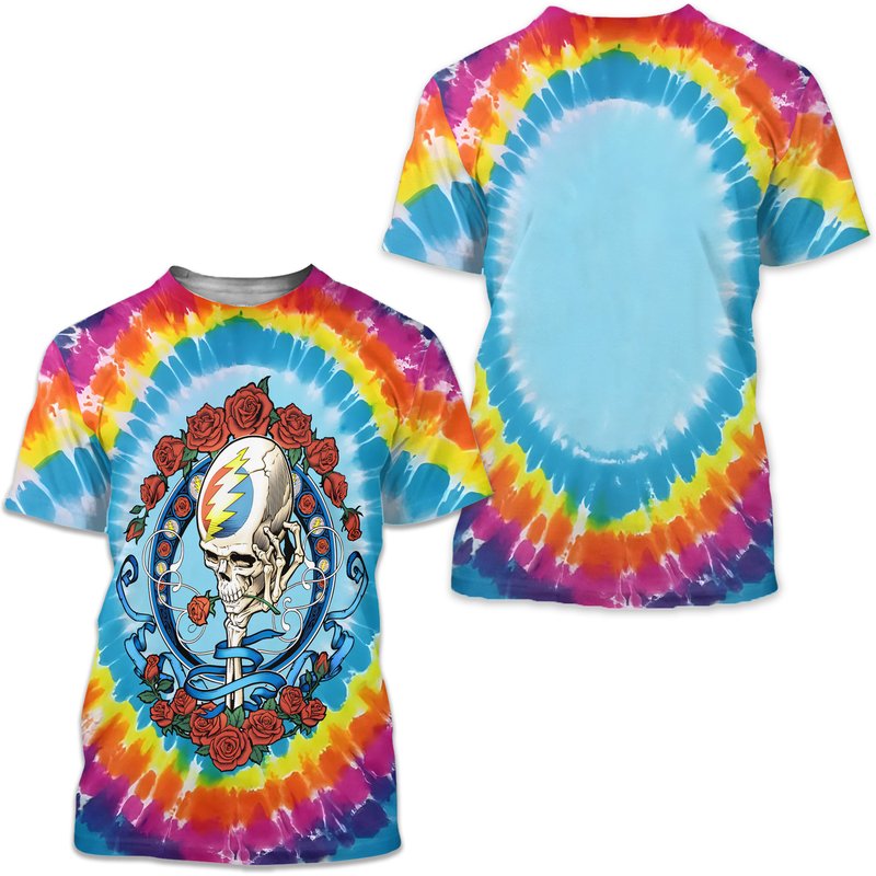 New Liquid Blue Skull And Roses Graphic Tie Dye T-shirt — T-shirts pour hommes