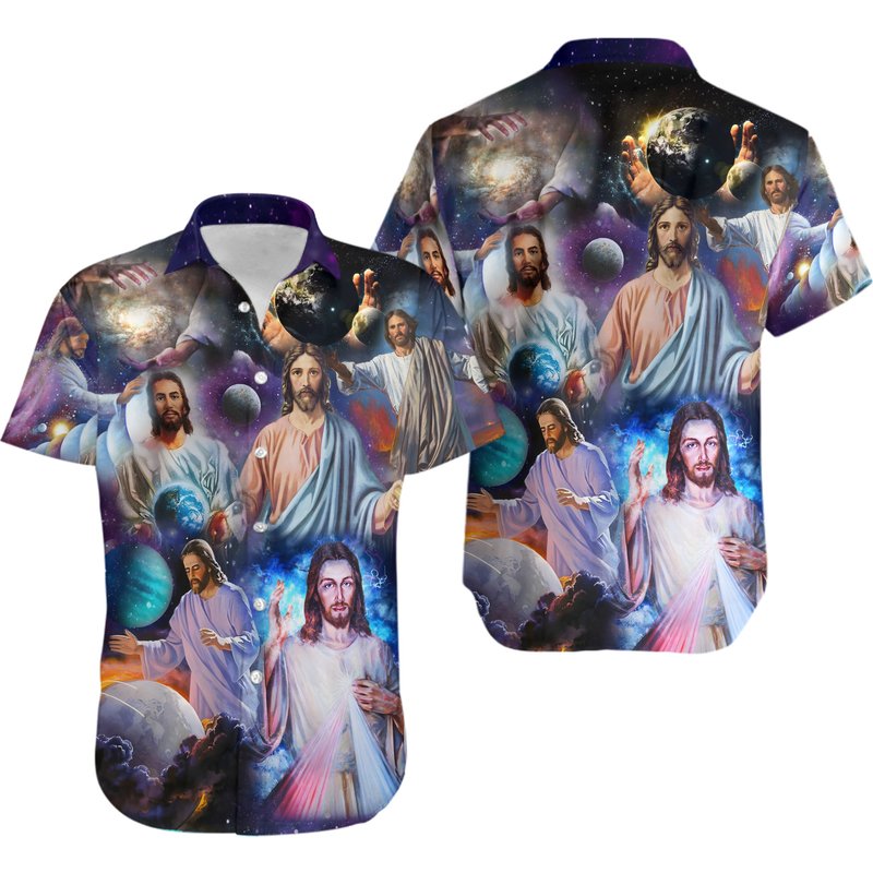 Jesus In Colorful Universe Hawaiian Shirt — Chemises décontractées pour hommes
